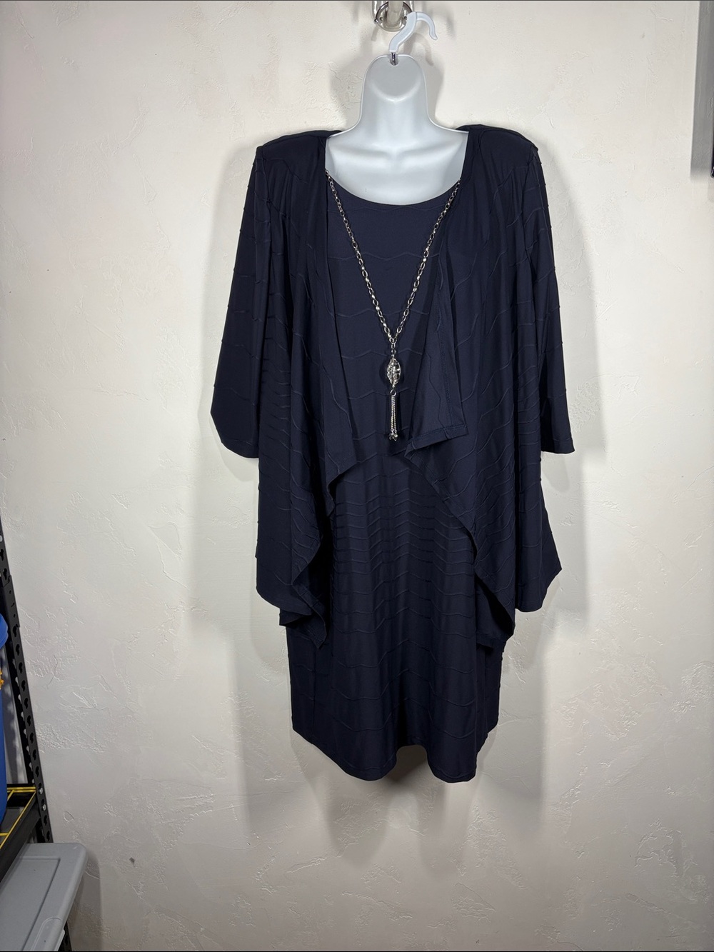NWT R&M Richards Women's Navy Layered Dress w/Attached Draped Cardigan size 14
